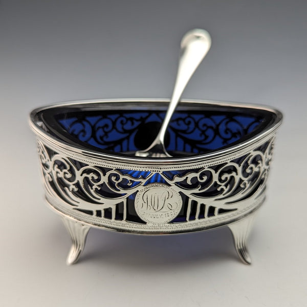1906 British Antique Pure Silver & Bluegrass Salt Dish & Spoon Josiah Williams